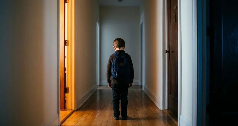 Niño de espaldas con mochila en un pasillo entre una puerta abierta con luz cálida y otra cerrada, divorcio con hijos menores